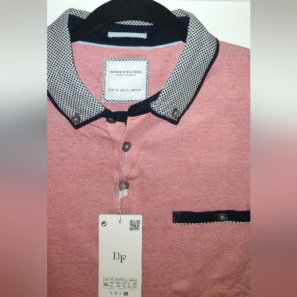 DENIM & Flower Ricky Singh Navy Blue Collared Pink Short Sleeve Polo Shirt XL - Picture 3 of 4